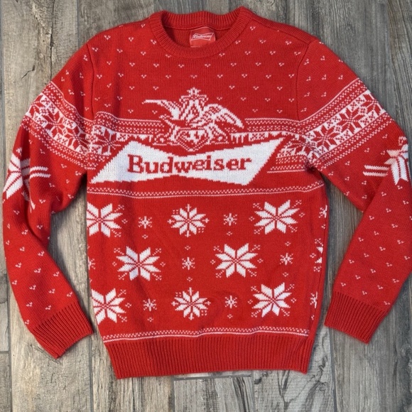 BUDWEISER Beer Mens Holiday Christmas Nordic Crewneck Sweater Small - Picture 1 of 2